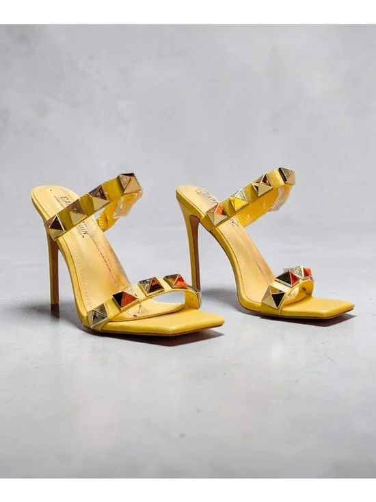 Yellow Studded High Heel Sandals With Straps & Square Toe Design For Women - Picture 13 of 15